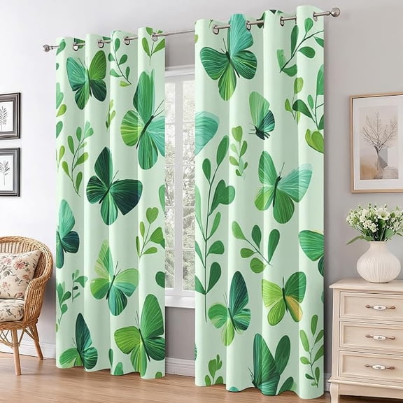 Green Butterfly Curtains for Living Room, Botanical Leaf Blackout Curtains, Plant Leaves Bedroom Decor, Thermal Insulated Grommet Drapes 26"W x 45"L (Pack of 2)