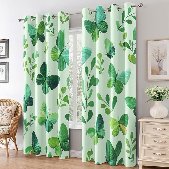 Green Butterfly Curtains for Living Room, Botanical Leaf Blackout Curtains, Plant Leaves Bedroom Decor, Thermal Insulated Grommet Drapes 26"W x 54"L (Pack of 2)