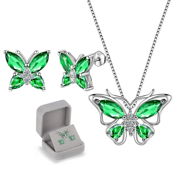 Gren Butterfly Jewelry Emerald May Birthstone Jewelry Set Fine Necklace/Earrings 925 Sterling Silver Women Birthday Mother's Day Gifts