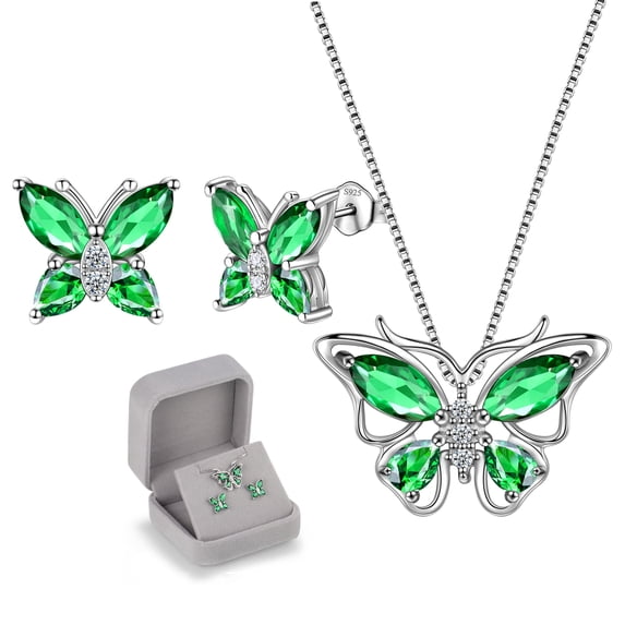 Gren Butterfly Jewelry Emerald May Birthstone Jewelry Set Fine Necklace/Earrings 925 Sterling Silver Women Birthday Mother's Day Gifts