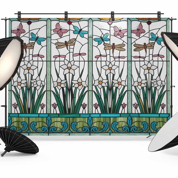 Green Butterfly Flower Backdrop for Photography,Fabric Photo Background Backdrop,Stained Glass Dragonfly Floral Plant Photo Booth Background for Portrait Photoshoot Video Wedding Studio Banner 7x5ft