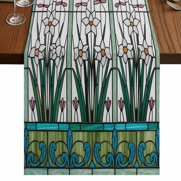 Green Butterfly Flower Burlap Cotton Table Runner 13x36 Inches Short, Stained Glass Dragonfly Floral Plant Farmhouse Table Runners, Outdoor Dining Tablecloths Decor for Baby Shower/Party/Wedding