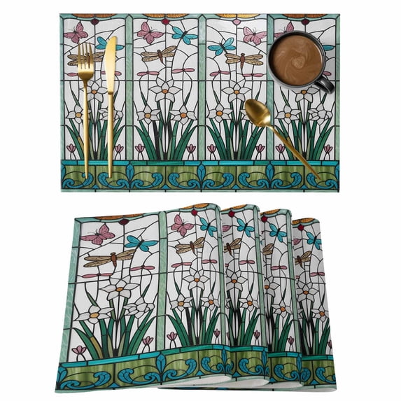 Green Butterfly Flower Placemats Set of 6 Stained Glass Dragonfly Floral Plant Place Mats Indoor Wipeable Table Mats Washable Dining Table Placemats for Kitchen Holiday Party Home Decor 13x19 Inch