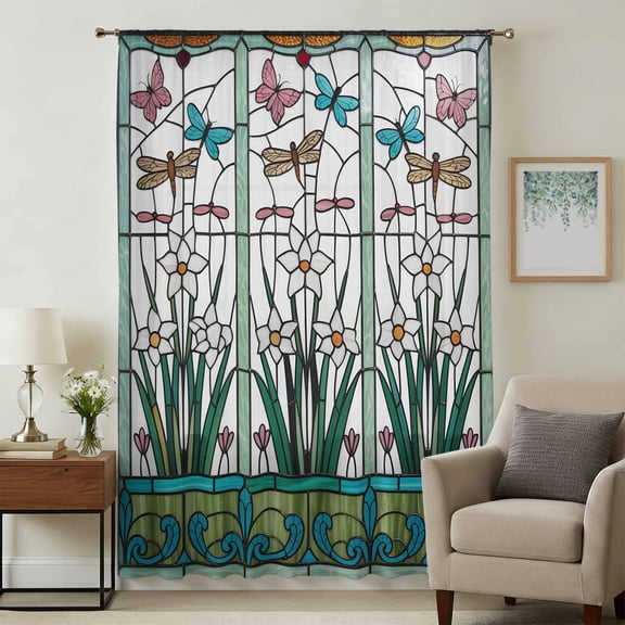 Green Butterfly Flower Sheer Curtains 108" Extra Long for Living Room, Stained Glass Dragonfly Floral Plant Light Filtering Privacy Drapes, Semi Sheer Window Treatment for Floor to Ceiling Window