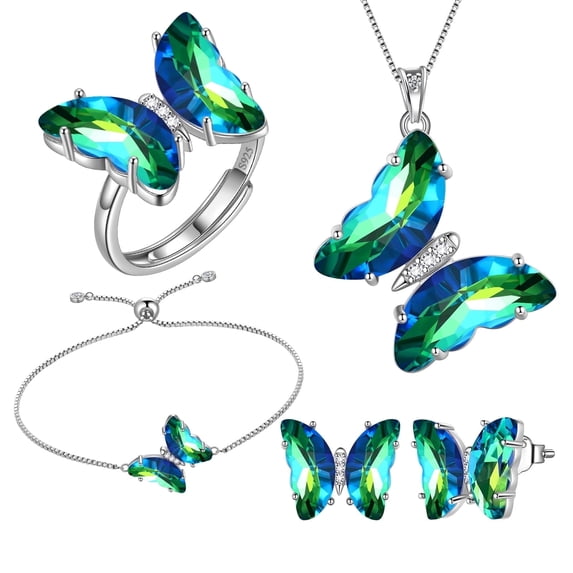 Green Butterfly Jewelry Sets 5PCS, Necklace Earrings Bracelet Ring May Birthstone Jewelry Set Emerald Sterling Silver Women Birthday Mother's Day Gifts