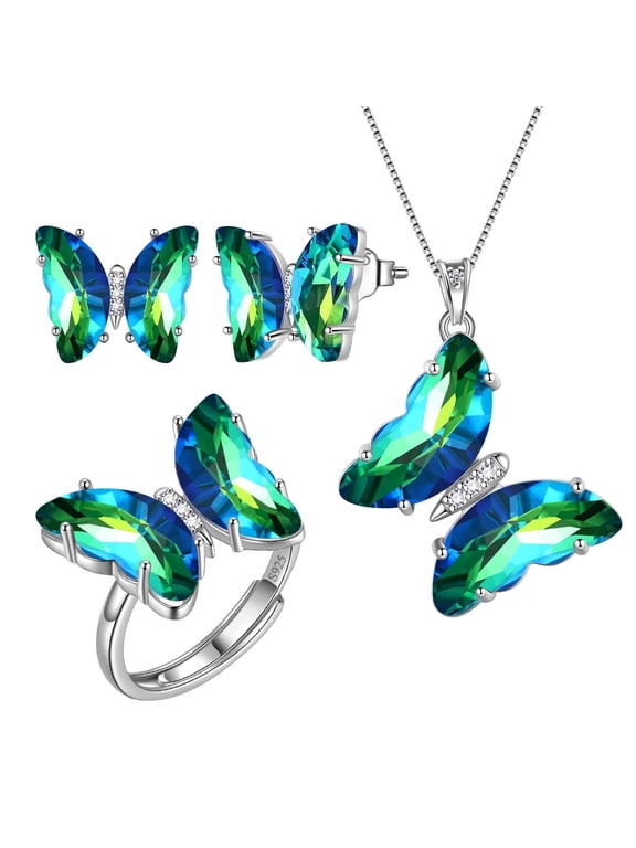 Green Butterfly Jewelry Sets Earrings Necklace Ring, May Birthstone Jewelry Set Emerald Sterling Silver Women Birthday Mother's Day Gifts