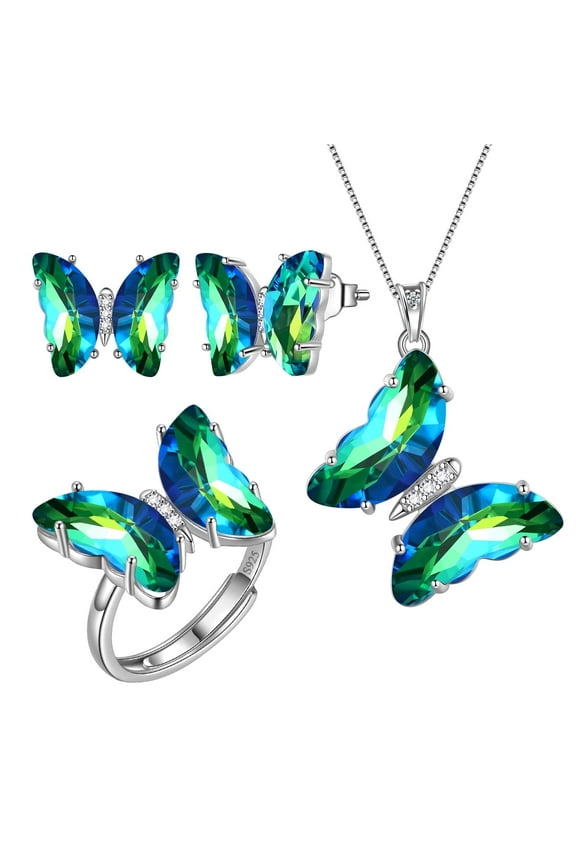 Green Butterfly Jewelry Sets Earrings Necklace Ring, May Birthstone Jewelry Set Emerald Sterling Silver Women Birthday Mother's Day Gifts