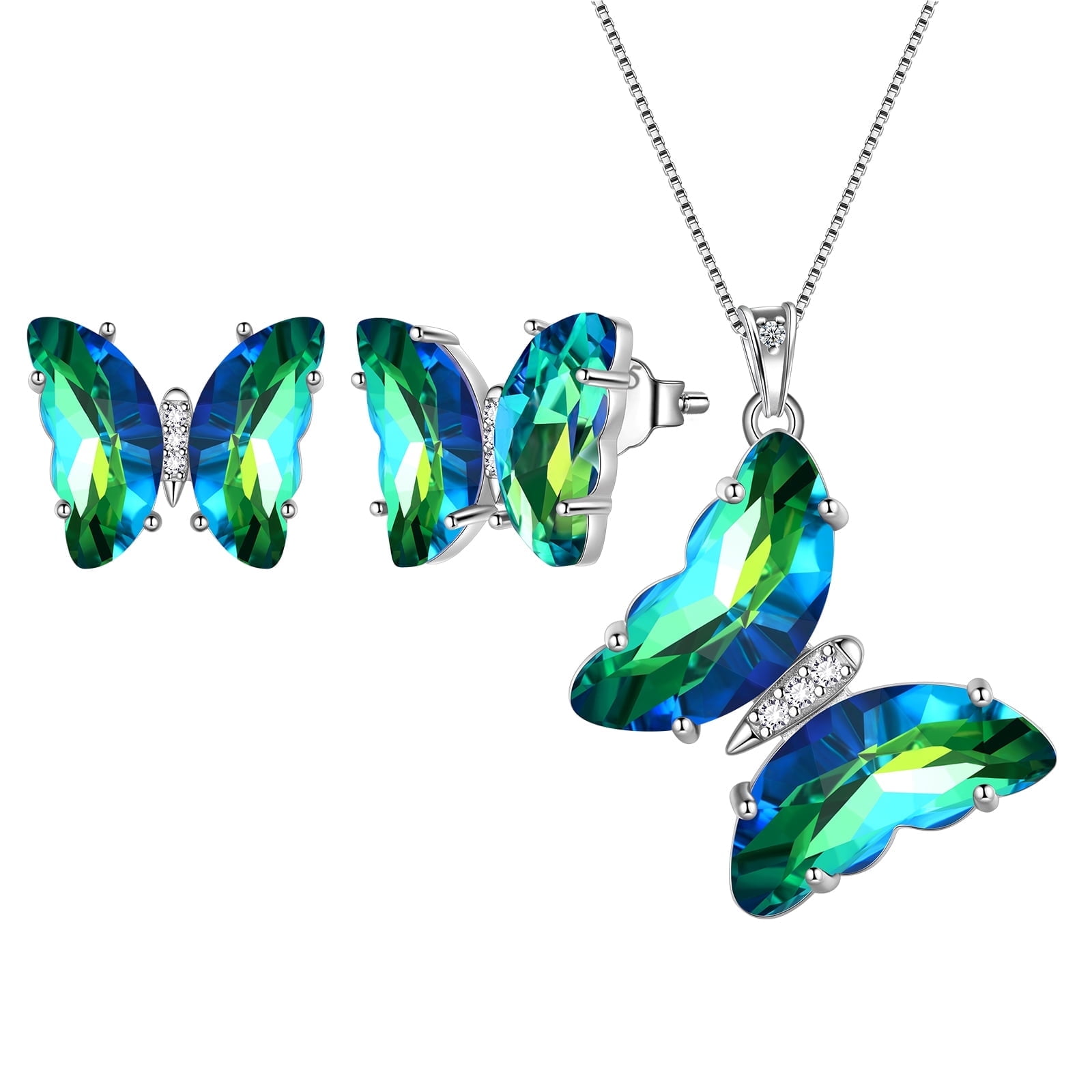 Green Butterfly Jewelry Sets Necklace Earrings Sterling Silver, Emerald Jewelry Set May Birthstone Crystal Women Birthday Mother's Day Gifts