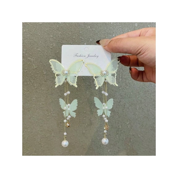 Green Butterfly Lace Dangle Earrings With Faux Pearl Tassels, 13.5cm Long, 2-Pack