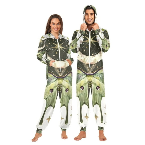 Green Butterfly Moon Adult Onesie Pajamas Slim Fit Christmas One Piece Suit Pjs for Women and Men Hooded Zipper