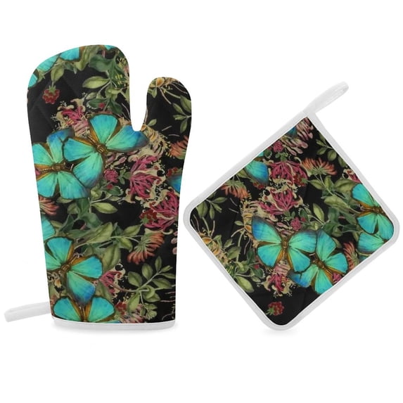 Green Butterfly Oven Gloves And Pots Stand Set Oven Gloves And Pot Racks Pot Racks And Oven Gloves Set