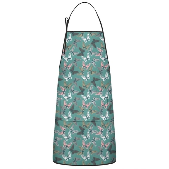 Green Butterfly Pattern Apron-Garden Aprons for Women with Pockets-Cotton Linen Waterproof Kitchen Cooking Gardening Aprons Adjustable for Kitchen,Cooking,BBQ and Salon 33x27 Inch