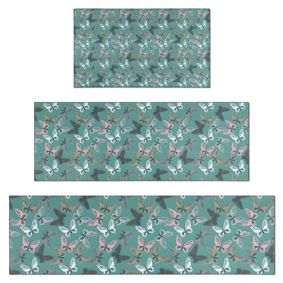 Green Butterfly Pattern Kitchen Rugs Sets Of 3,Kitchen Runner Rugs Non Skid Washable,Decorative Kitchen Floor Mats for Kitchen,Sink,Laundry,17"x30"+ 17"x47" + 17"x59"