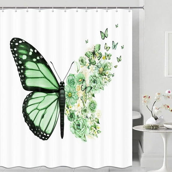 Green Butterfly Shower Curtain, Full Bloom Floral Retro Butterflies Flowers Aesthetic Bath Curtain, Rustic Sunflower Waterproof Fabric Bathroom Curtain Sets with Hooks