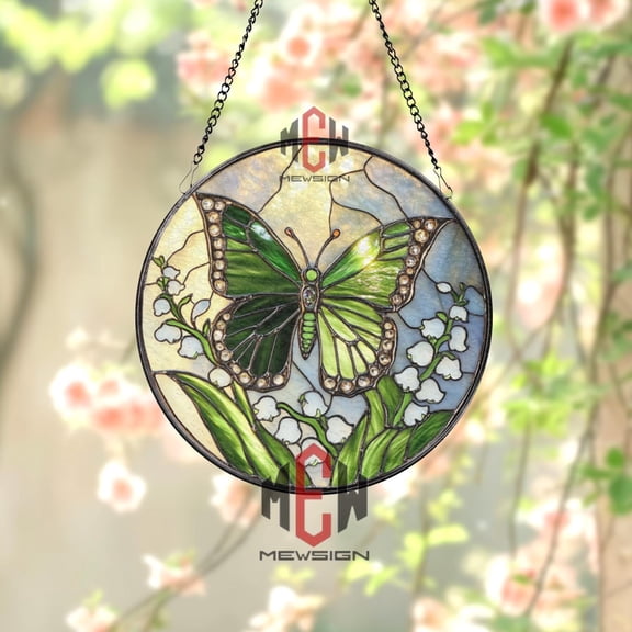 Green Butterfly Stained Glass Suncatcher, Lily of the Valley Window Panel, Nature Garden Decor, Spring Butterfly Glass Art Gift, Home Decor