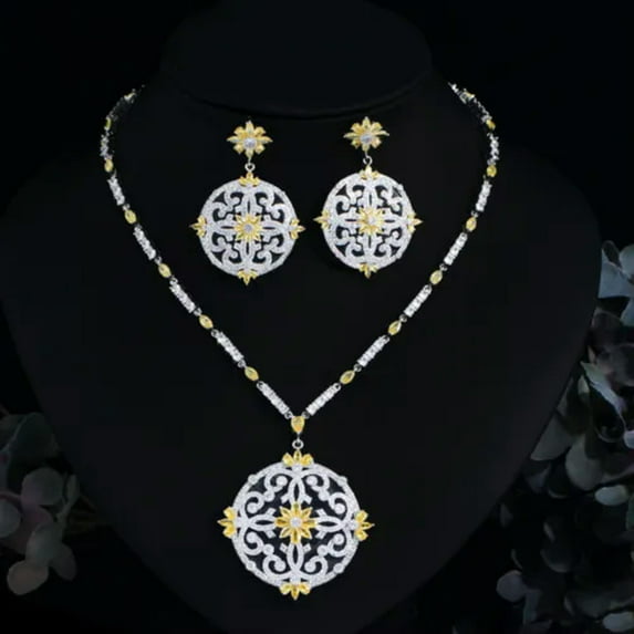 Green CZ Bridal Big Long Drop Flower Round Tennis Necklace Dress Jewelry Set