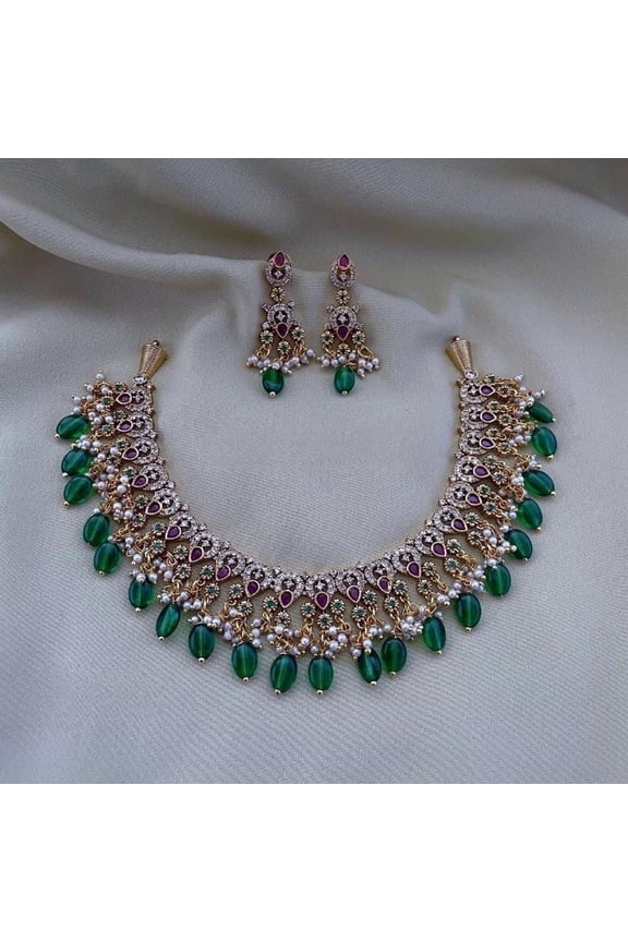 Green CZ Choker Necklace - Gold Plated Indian & Pakistani Jewelry, Cubic Zirconia Swarovski Kundan Statement Jewelry with Crystal Rhinestones & Matching Earrings