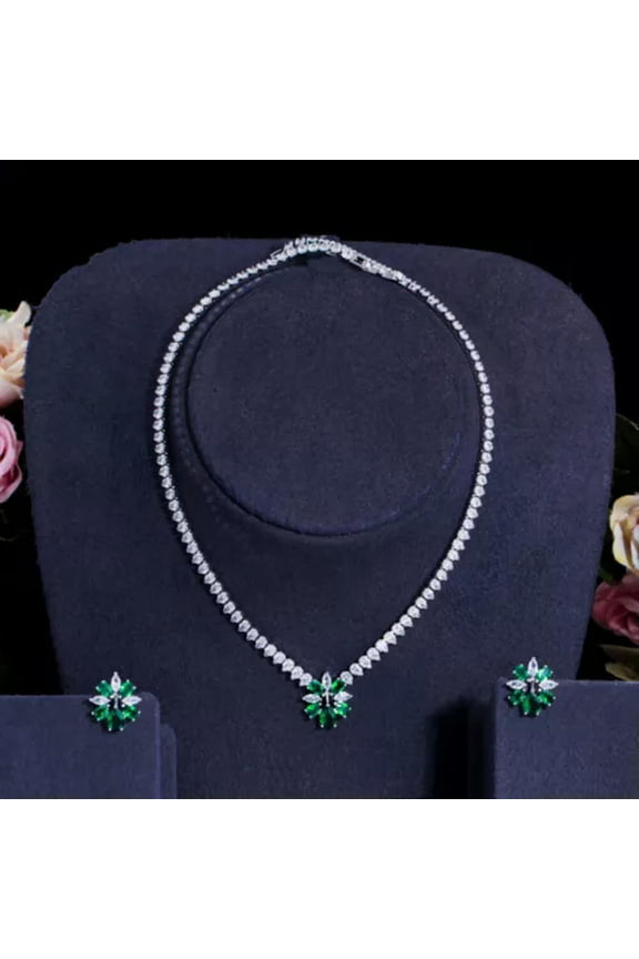 Green CZ Crystal Water Drop Cluster Flower for Women Dancing Party Jewelry Set