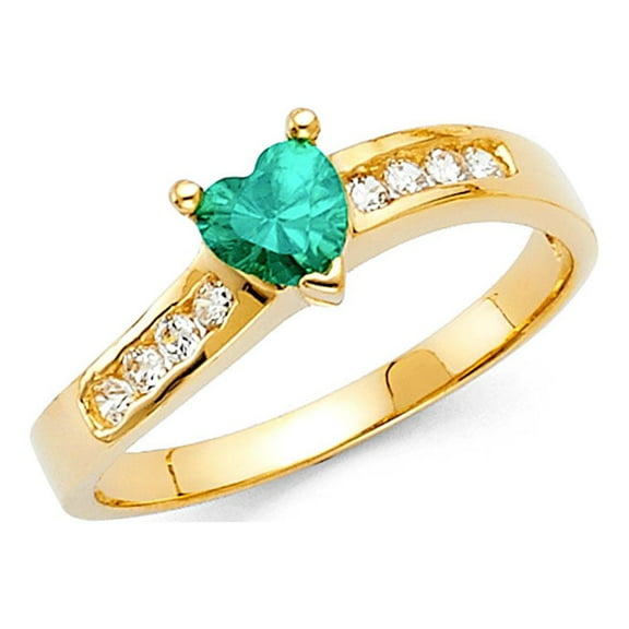 Green CZ Heart Ring Solid 14k Yellow Gold Love Band Promise Ring Fashion Stylish Polished Fancy, Size 7
