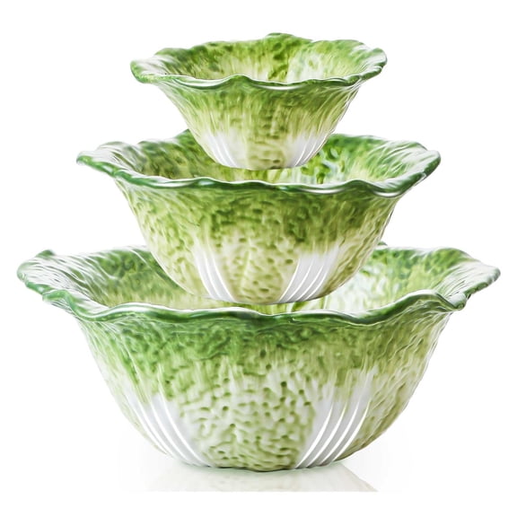 Green Cabbage Serving Bowl Set of 3 for Kitchen - Extra Large 60oz, 16oz, 5oz Nesting Mixing Bowls, Porcelain Dishes for Salad, Entertaining, Fruit, Vintage, Decorative, Ceramic Pho Soup Tureen