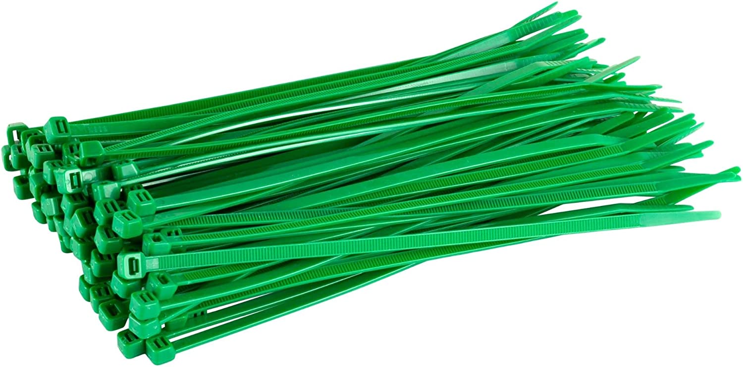 Green Cable Ties, 200mm x 2.5mm, Pack of 100, 8” Premium Nylon Zip Ties
