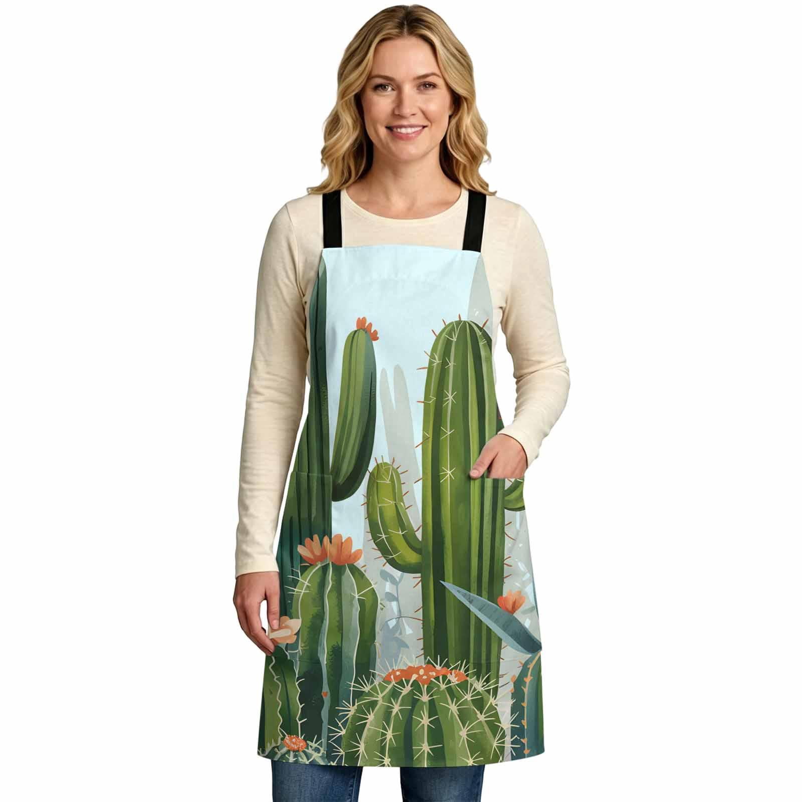 Green Cactus Apron for Women Men, Watercolor Summer Botanical Blue ...