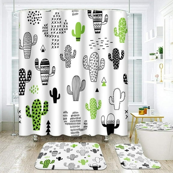Green Cactus Bathroom Set with Shower Curtain and Rugs Accessories, Spring Leaf Cactus Shower Curtain for Bathroom, Tropical Gold Green Dots Bathroom Decor 4 Pcs