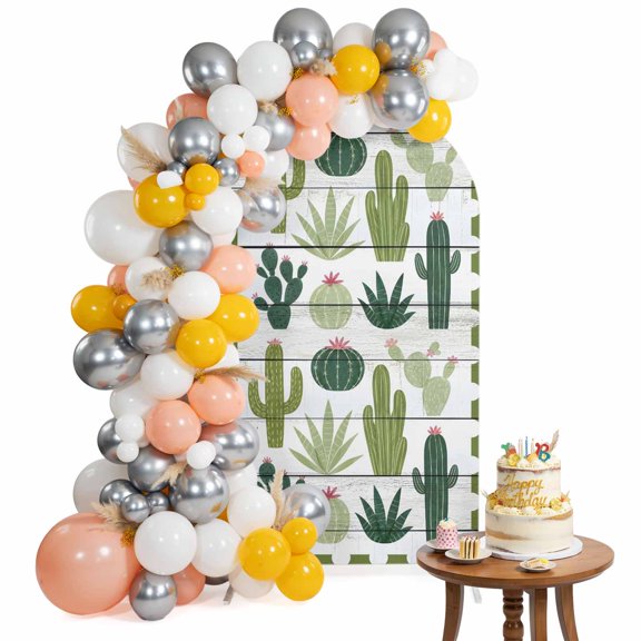 Green Cactus Boho Arch Backdrop Cover 4 Ft Rustic Wood‑Board Southwest Desert Plant Agave Spandex Fitted Stretchy Arch Cover, Round Top Chiara Backdrop Cover for Wedding Birthday
