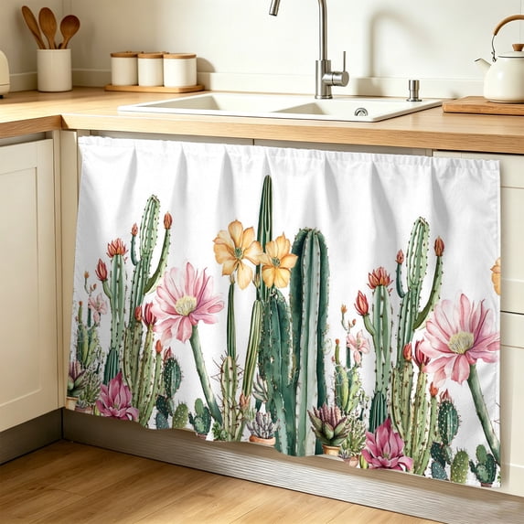 Green Cactus Cabinet Curtain 32"Wx55"L, Dustproof Pantry Door Curtain with Self Adhesive Tape, Spring Floral Watercolor Botanical Tall Storage Cover Privacy Drape for Bathroom Kitchen Laundry Room