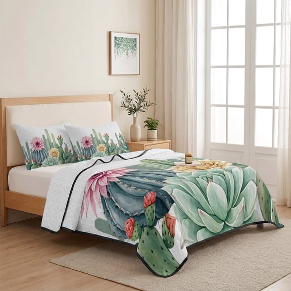 Green Cactus Flower Watercolor 3 Pieces Quilt Set,1 Quilt with 2 Shams,Tropical Plants Bedspread Soft Lightweight Bedding Coverlet Comforter Set for All Season 68"x98"