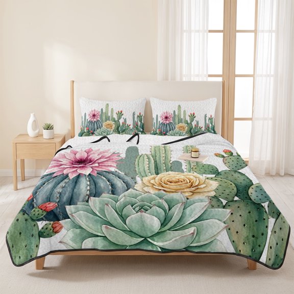 Green Cactus Flower Watercolor 3 Pieces Quilt Set,1 Quilt with 2 Shams,Tropical Plants Bedspread Soft Lightweight Bedding Coverlet Comforter Set for All Season 96"x106"