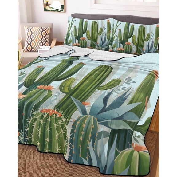 Green Cactus Full Size Down Alternative Comforter, Lightweight Comforter Quilt Bedding Set with Pillow Shams Watercolor Summer Botanical Blue All Seasons Bed Comforter Duvet Insert 78"x90"