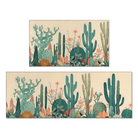 Green Cactus Kitchen Rugs Set, 17x29 +17x47, Cushioned and Non-Skid, Washable for Kitchen, Living Room, Office Gift for Friends, Family