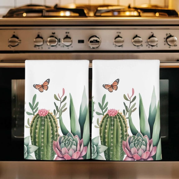 Green Cactus Kitchen Towels Set of 1, Tropical Summer Botanical Watercolor Absorbent Dish Towels for Kitchen, Microfiber Hand Towel, Quick Drying Tea Towel for Cleaning Decorative Dishcloths