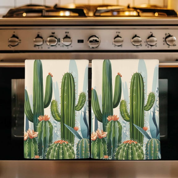 Green Cactus Kitchen Towels Set of 1, Watercolor Summer Botanical Beige Absorbent Dish Towels for Kitchen, Microfiber Hand Towel, Quick Drying Tea Towel for Cleaning Decorative Dishcloths
