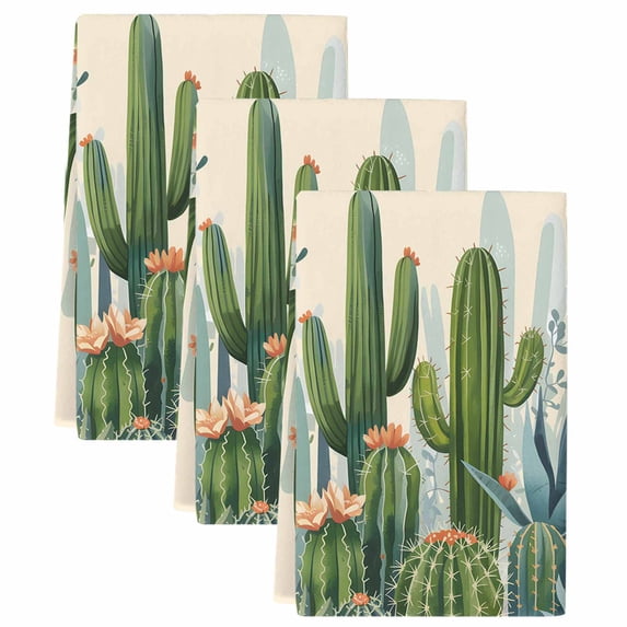 Green Cactus Kitchen Towels Set of 3, Watercolor Summer Botanical Beige Soft Microfiber Dish Towels, Absorbent Quick-Dry Washable Dishcloths for Kitchen Cleaning, Drying Dishes, 18x28 Inches