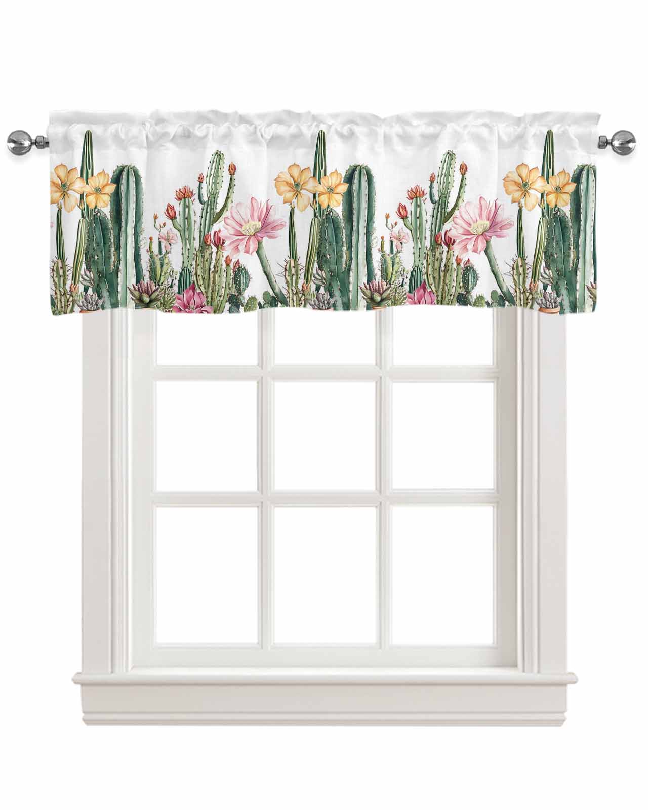 Green Cactus Kitchen Valances for Windows Farmhouse Linen Window Valance Curtain for Living Room Window Treatment Spring Floral Watercolor Botanical Valance Rod Pocket Topper Drape, 42 x 18 Inch