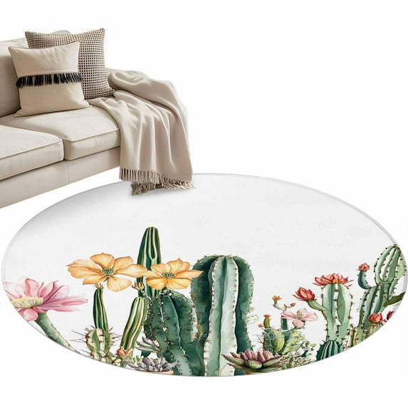 Green Cactus Large Area Rugs for Bedroom Living Room, Soft Non Slip Carpet Bedside Rug, Spring Floral Watercolor Botanical Round Floor Cover Kitchen Accent Rug 3.3' for Dining Room/Office