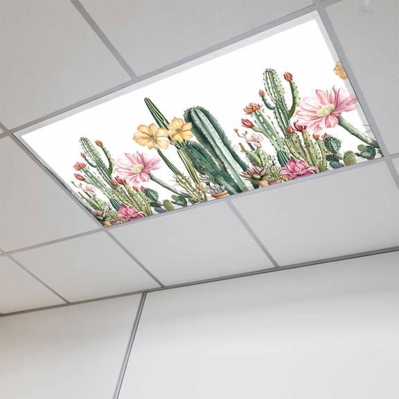 Green Cactus Magnetic Fluorescent Light Covers for Ceiling Lights 2 x 4 Feet, Spring Floral Watercolor Botanical Office Classroom Kitchen Drop Ceiling Light Covers Lighting Filters Shade Panel 1 Pack