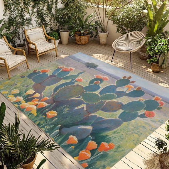 Green Cactus Outdoor Rug 3x5 Ft - Reversible Patio Rug Outdoor Camping Rugs, Tropical Plants Wildflowers Natural Scenery Indoor Outdoor Area Rugs, Non-Slip Outdoor Carpet Runner for Deck/Porch