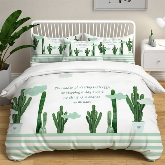 Green Cactus Potted Duvet Cover Set King Size Polyester Comforter Cover Cartoon Green Plant Cute Kawaii for Kid Boy Bedding Set