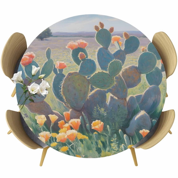 Green Cactus Round Tablecloth, Fitted Table Cover with Elastic for 36"-44" Round Tables, Tropical Plants Wildflowers Natural Scenery Table Cloth Outdoor Indoor Dinning Party Waterproof Tablecloths