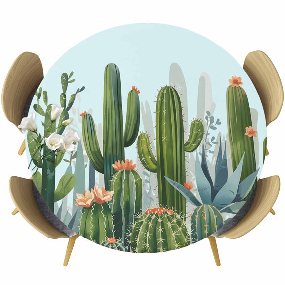 Green Cactus Round Tablecloth, Fitted Table Cover with Elastic for 36"-44" Round Tables, Watercolor Summer Botanical Blue Table Cloth Outdoor Indoor Dinning Party Waterproof Tablecloths