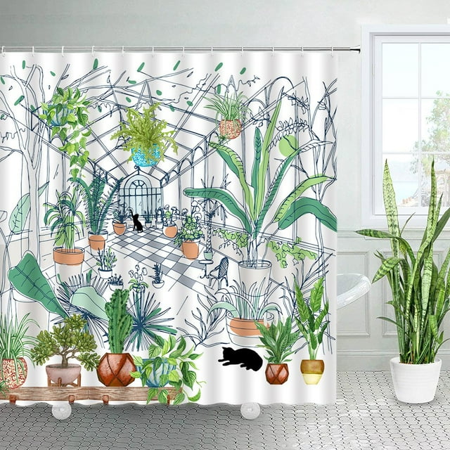 Green Cactus Shower Curtains Tropical Plants Black Cat Watercolor