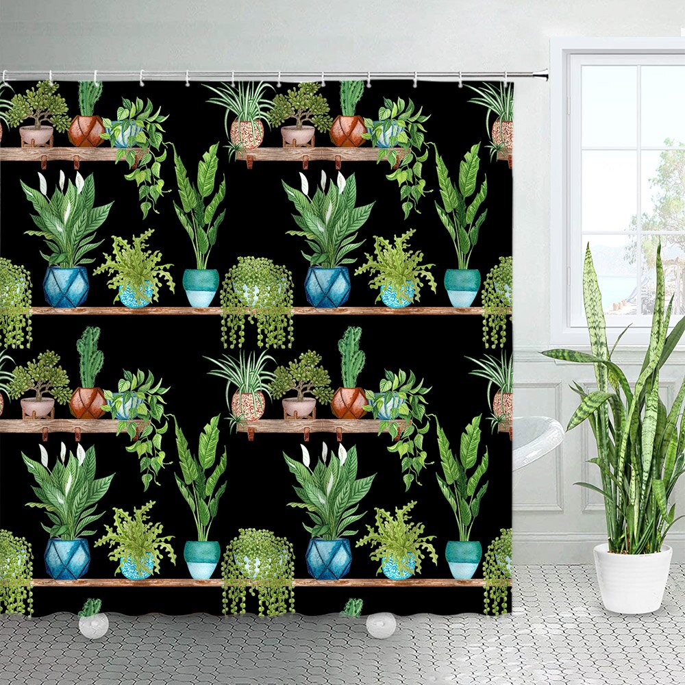 Green Cactus Shower Curtains Tropical Plants Black Cat Watercolor
