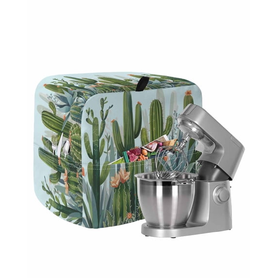 Green Cactus Stand Mixer Dust Cover with Storage Pocket & Handles, Watercolor Summer Botanical Blue Fits All Tilt Head & Bowl Lift Kitchen Appliance Cover Organizer Bag Accessories, 4.5-5 Quart