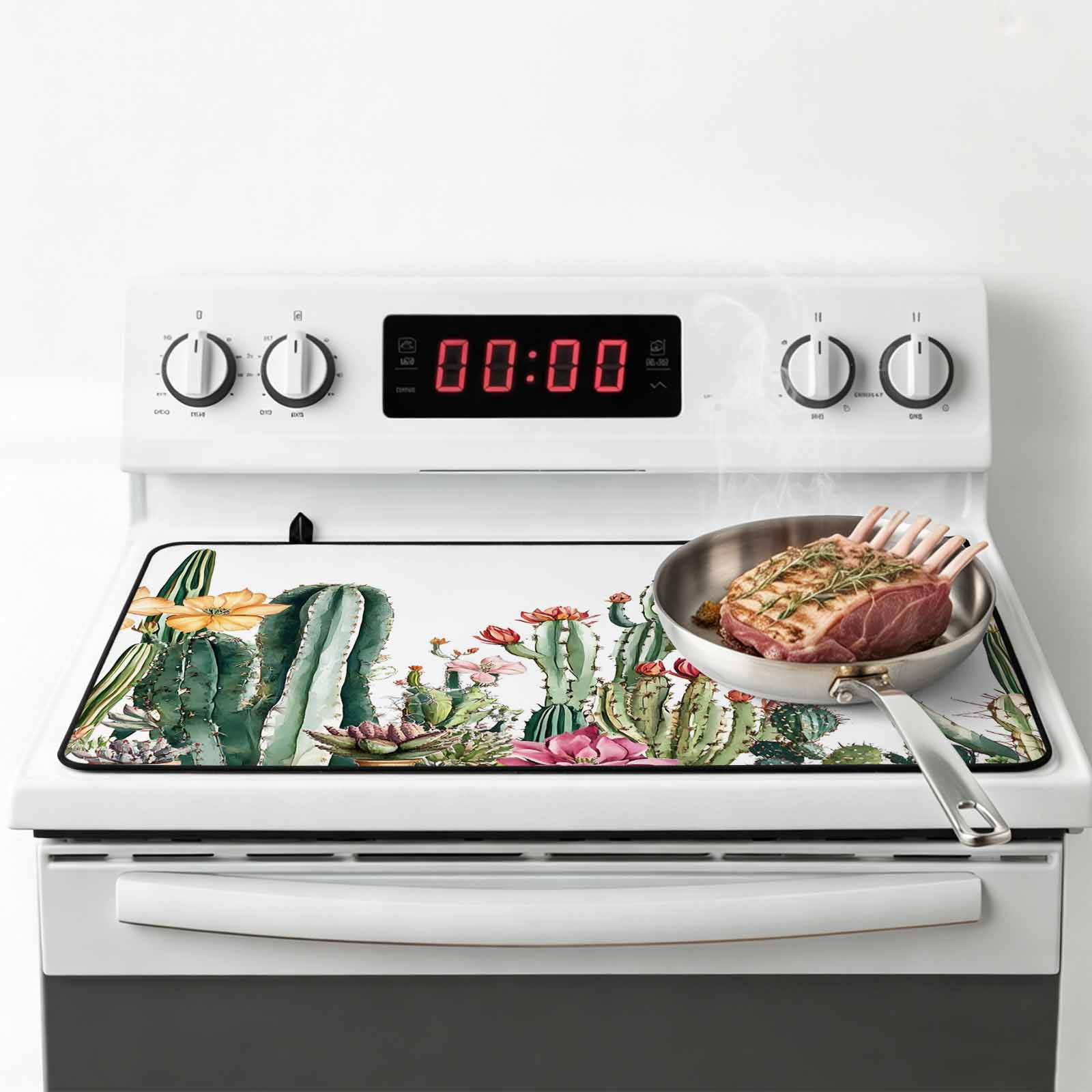 Green Cactus Stove Top Cover for Electric Stove, Heat-proof & Non Slip Glass Top Stove Cover Protector, Spring Floral Watercolor Botanical Kitchen Flat Cooktop Rubber Mat 24x21 Inches