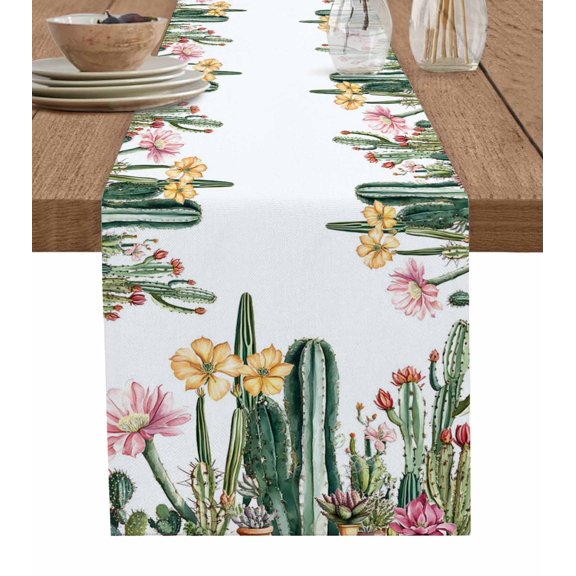 Green Cactus Table Runner Spring Floral Watercolor Botanical Tablerunners 13 x 72 Inch, Table Decorations Tabletop Scarf for Summer Gathering Holiday Farmhouse Kitchen Dining Decor