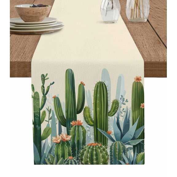 Green Cactus Table Runner Watercolor Summer Botanical Beige Tablerunners 13 x 108 Inch, Table Decorations Tabletop Scarf for Summer Gathering Holiday Farmhouse Kitchen Dining Decor