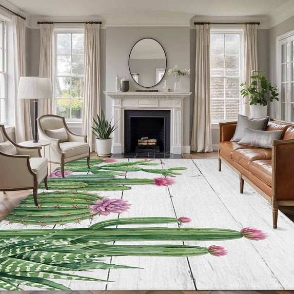 Green Cactus Tropical Area Rugs 8'x10', Washable Small Throw Rugs for Living Room Patio, Grey Wooden Summer Indoor Outdoor Rug Non-Slip Low Pile Carpet Runner Reversible Floor Mats